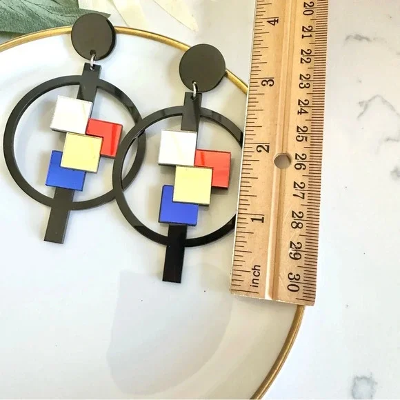 2/$30🌵 Mirrored Acrylic Pop Art Earrings Geo Square Circle Color Block Mosaic - Picture 8 of 10